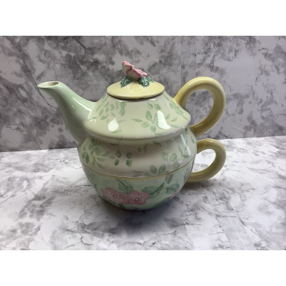 Capriware Ceramic Teapot/Cup - Tea For One - Hand Painted Roses Green/Pink